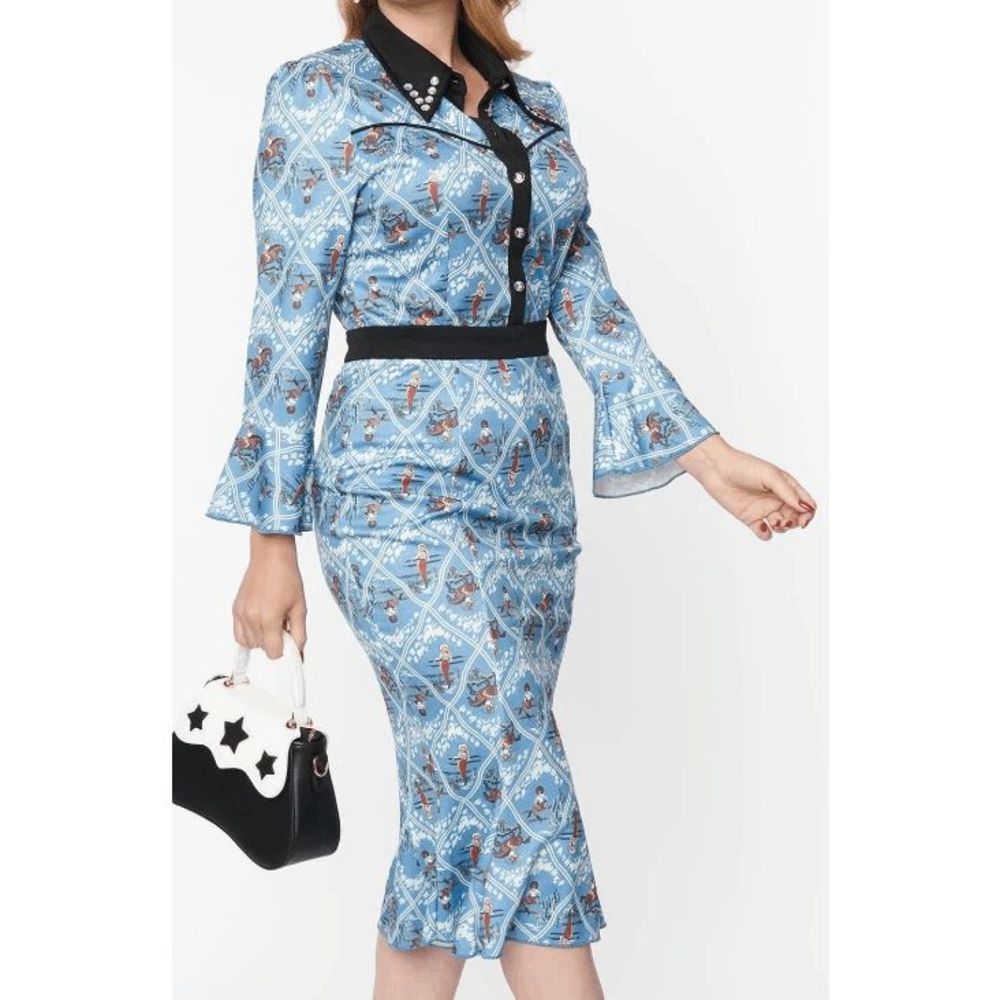 Unique Vintage Plus Size Blue Western Pin-Up Print Wiggle Dress 2X NWT